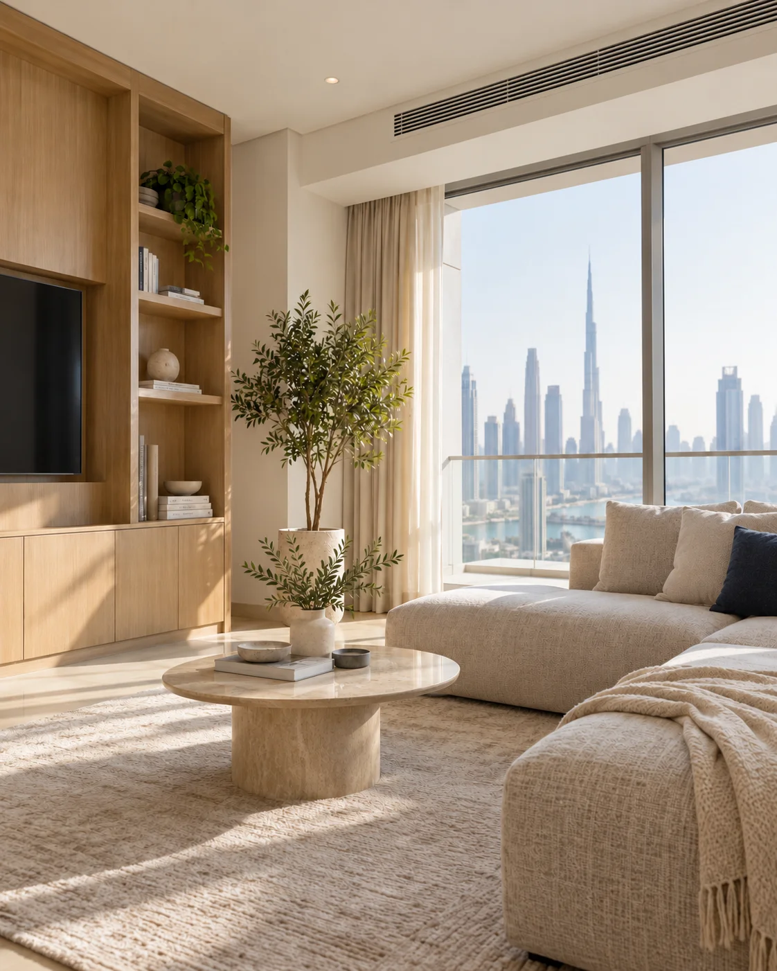 Illustrative Dubai apartment interior with a ceiling AC vent, upholstered seating and cabinetry