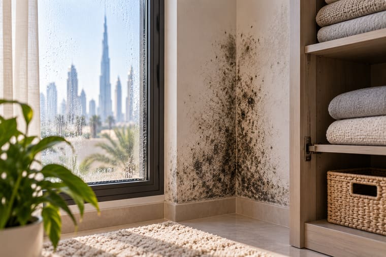 A damp, musty corner and cabinet in a humid Dubai apartment