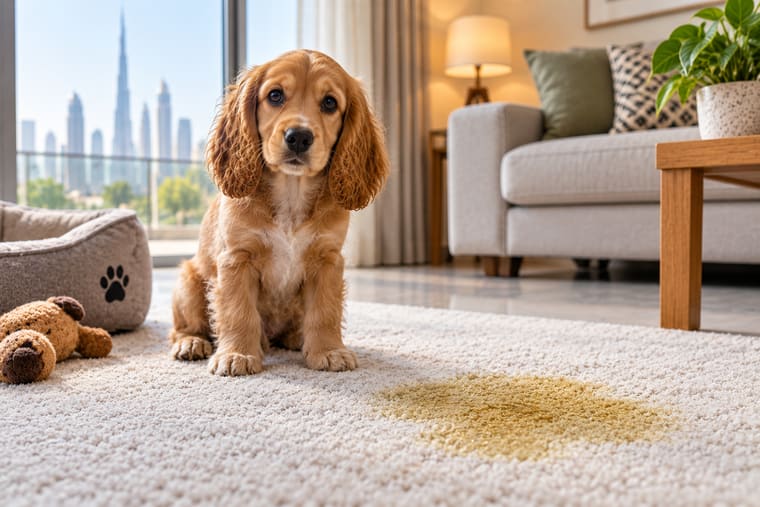 A carpet area affected by pet urine in a Dubai home