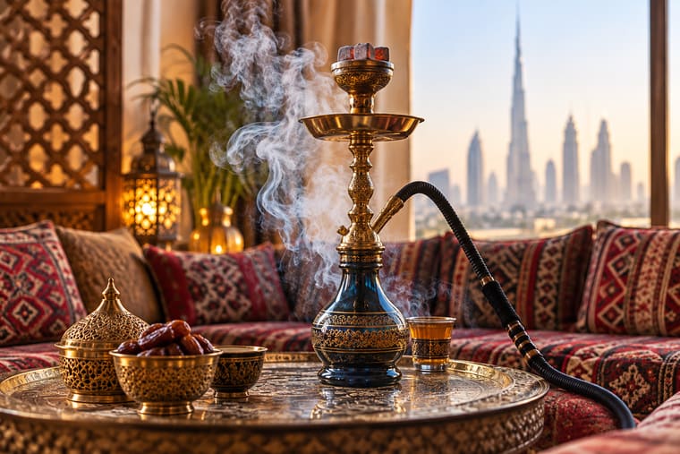 Shisha smoke lingering in a Dubai majlis-style seating room